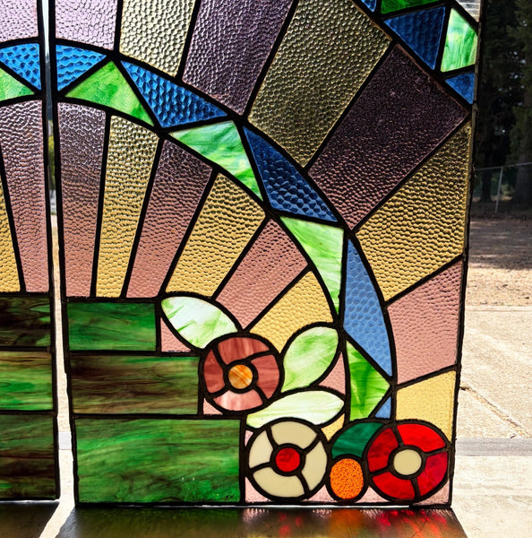 43" Tall Pair of Antique French Art Deco Stained Glass Window Panels