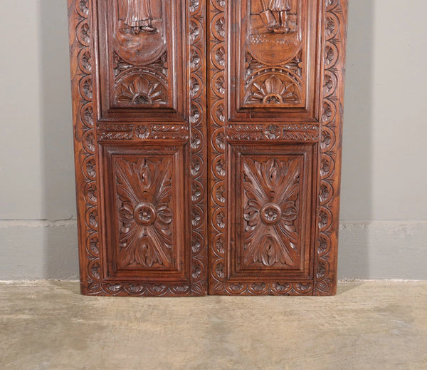 63" Tall Pair of French Antique Doors Carved Breton Panels Solid Chestnut Wood