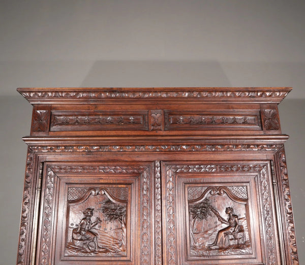 91" Tall French Antique Breton Armoire/Cabinet in Solid Chestnut Highly Carved