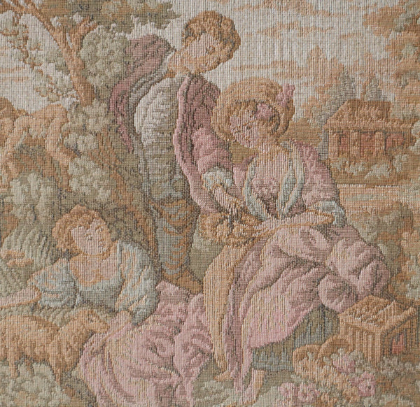 12" Antique French Framed Tapestry of a Courting Scene in Rococo Style
