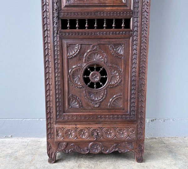71" Tall French Antique Breton Cabinet in Solid Chestnut Wood w/Carved Figures
