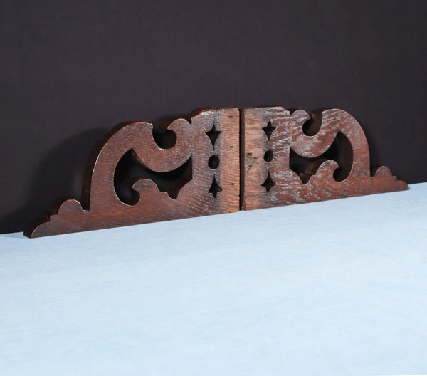 Pair of 12" Wide French Antique Solid Oak Wood Brackets Trim Pieces