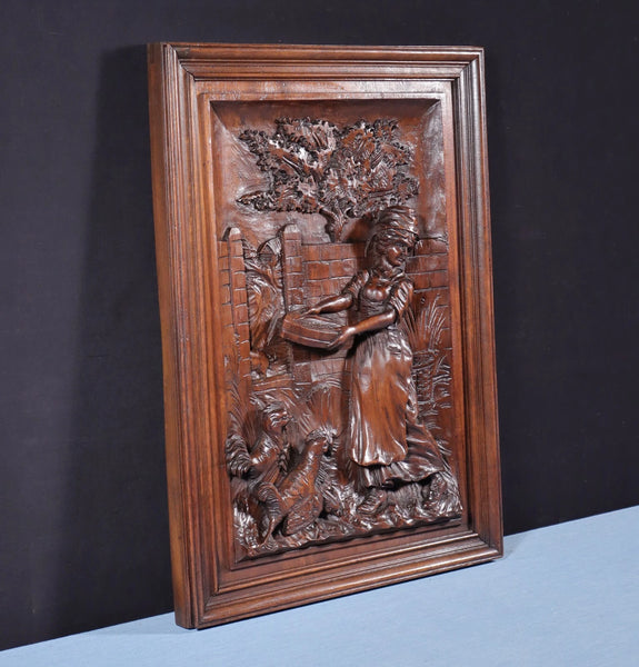 Antique French Solid Walnut Wood Highly Carved Panel w/Woman Feeding Chickens