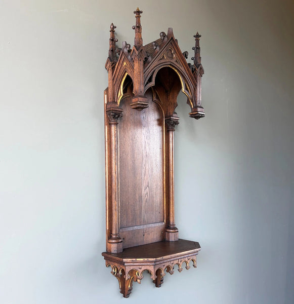 57" Tall French Antique Neo Gothic Solid Oak Highly Carved Wall Niche/Shrine