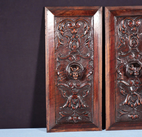 Pair of Antique French Solid Walnut Wood Highly Carved Panels with Faces