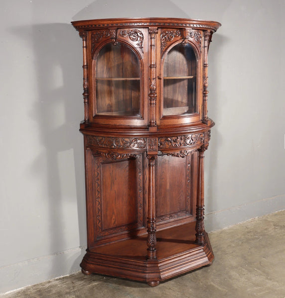 65" Tall Antique French Solid Oak Wood Renaissance Curved Display Case/Cabinet
