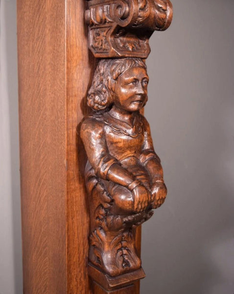 82" Large Vintage Renaissance Revival Oak Fireplace Surround/Mantel w/Figures