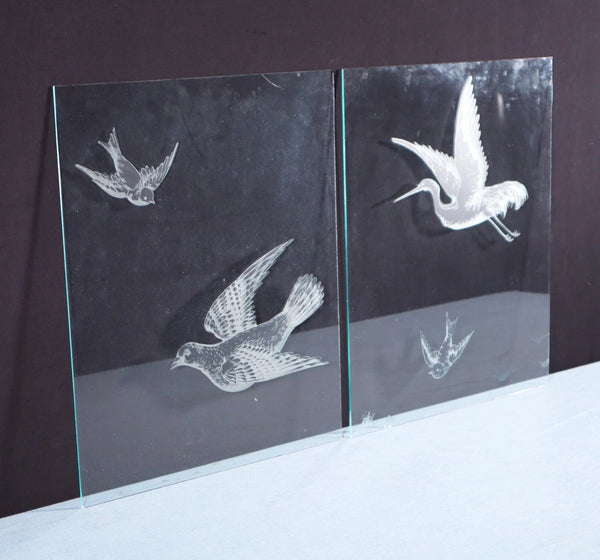 18" Tall Pair of Antique French Etched Glass Windows Frosted Glass with Birds