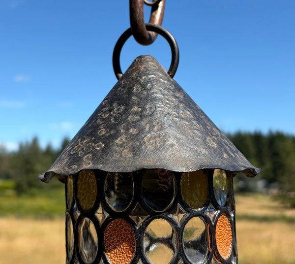 9" Tall Vintage French Iron and Stained Glass Hanging Chandelier/Pendant Lamp