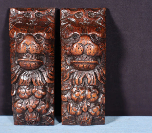 Pair of 8" French Antique Highly Carved Lion Corbels/Trim/Brackets Solid Oak