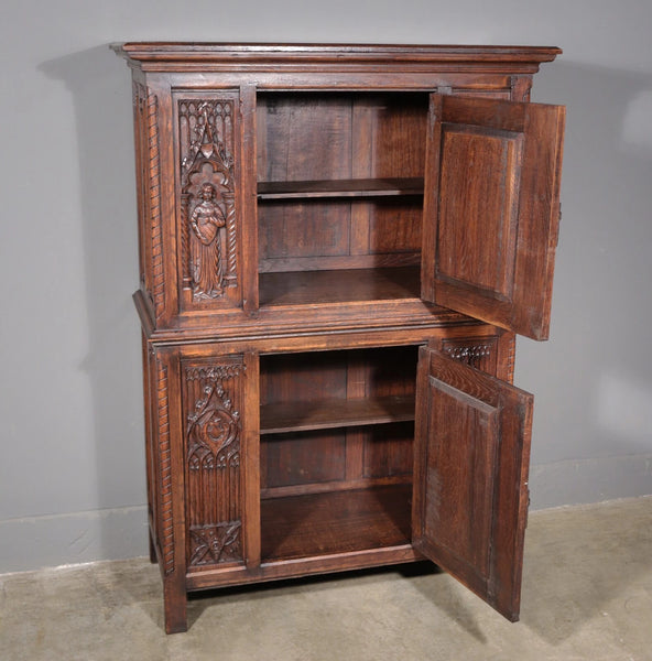63" Tall Antique French Gothic Revival Cabinet Highly Carved in Solid Oak Wood