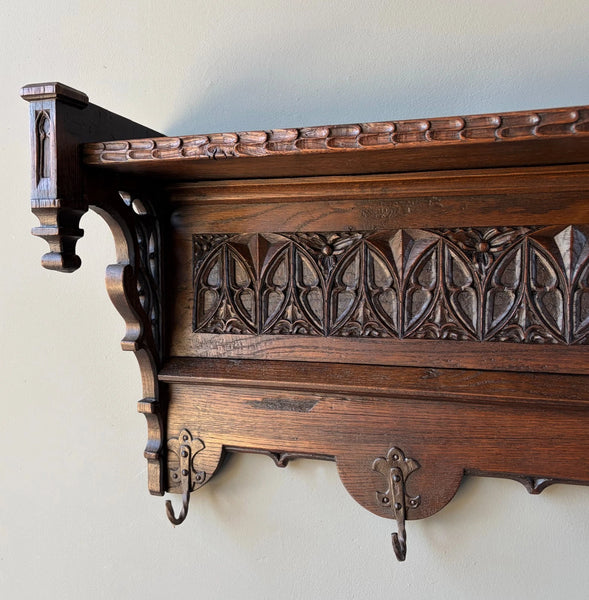 52" Antique Gothic French Solid Oak Coat Rack Hall Tree Wood Shelf w/Iron Hooks