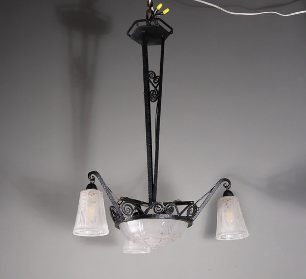 Antique French Art Deco Chandelier with Frosted Glass and Iron by Muller Freres