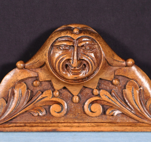 9" Wide French Antique Solid Walnut Wood Highly Carved Crest w/Jester