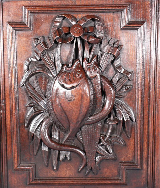 24" Tall French Antique Solid Oak Panel Highly Carved Hunting Theme with Fish