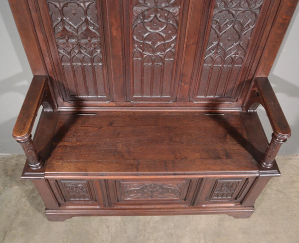 72" Tall Antique French Gothic Revival Oak Wood Bench/Settee/Chair Highly Carved