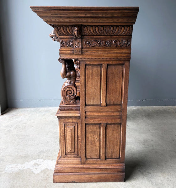 XL Vintage Renaissance Revival Oak Fireplace Surround/Mantel w/Carved Figures