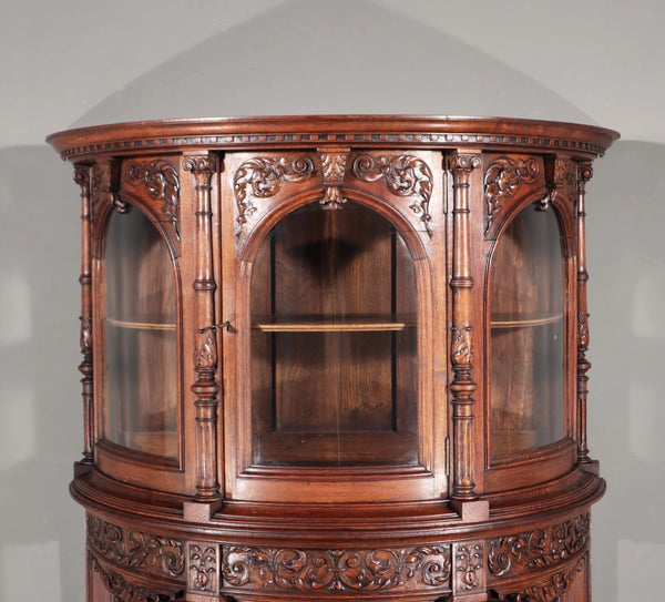 65" Tall Antique French Solid Oak Wood Renaissance Curved Display Case/Cabinet