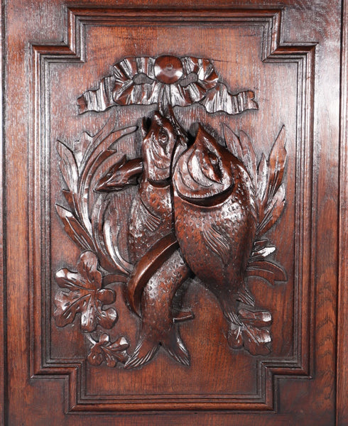 24" Tall French Antique Solid Oak Panel Highly Carved Hunting Theme with Fish