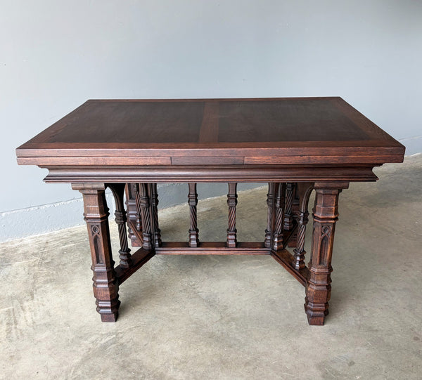 Vintage French Gothic Dining Table in Solid Oak Wood with Highly Detailed Base