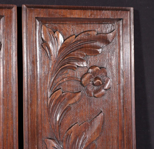 Pair of Antique French Solid Chestnut Wood Highly Carved Panels with Flowers