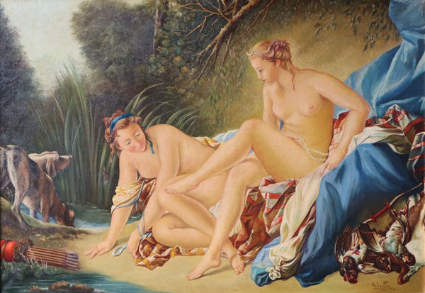 50" Wide Framed Oil On Canvas Painting After Francois Boucher "Diana Bathing"
