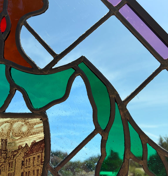 31" Tall Vintage Belgian/Flanders Stained/Leaded Glass Panel of Bruges Belgium