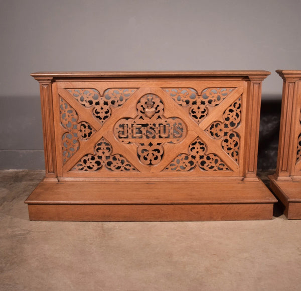Pair of 59" Long Antique Gothic Revival Oak Wood Prayer Rails With Storage