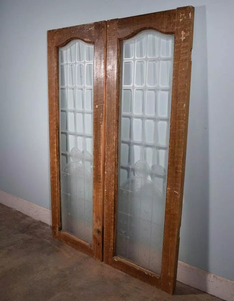 75" Tall Pair of Antique French Etched Glass Windows Frosted Glass Salvage