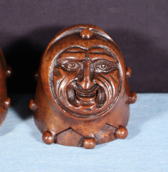 Pair of 3" Tall French Antique Highly Carved Jester Heads in Solid Walnut Wood