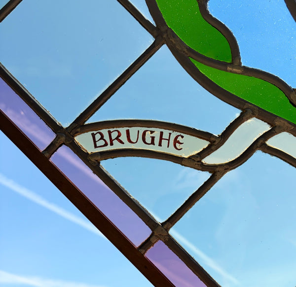 31" Tall Vintage Belgian/Flanders Stained/Leaded Glass Panel of Bruges Belgium