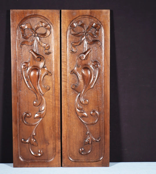 Pair of French Antique Solid Walnut Highly Carved Panels with Intricate Designs