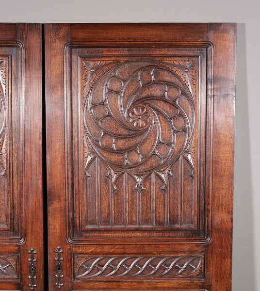 64" Tall Pair of French Antique Neo Gothic Cabinet Doors Solid Oak Wood