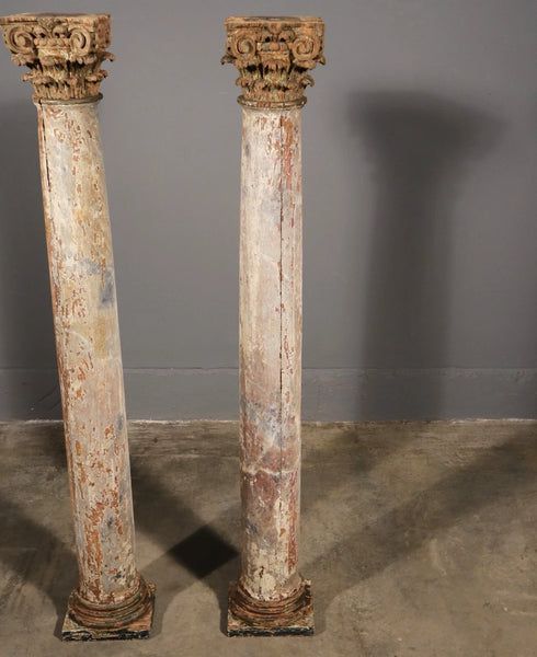 Antique French Solid Oak Highly Carved Corinthian Fireplace Side Pillars Rustic