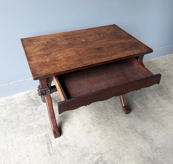 Antique French Gothic Desk/Library Table in Chestnut/Walnut Wood with Drawer