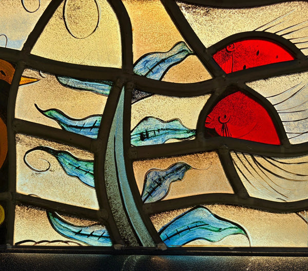 Vintage Dutch Stained/Leaded Glass Panel by Lea Steppe Sea Life Themed