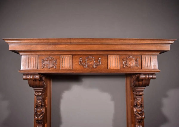 82" Large Vintage Renaissance Revival Oak Fireplace Surround/Mantel w/Figures