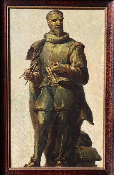 Antique Framed Oil on Panel Painting/Study of Statue of Simon Stevin in Brugge