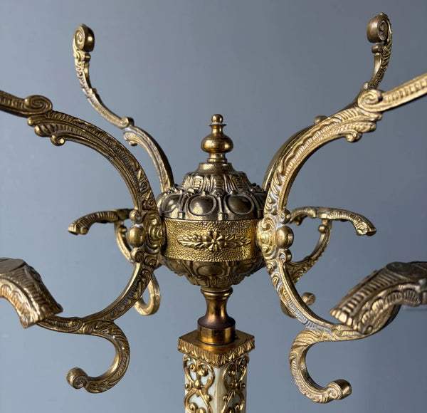 67" Tall Ornate Vintage Brass & Onyx Marble Coat/Hat Rack Hall Tree/Stand