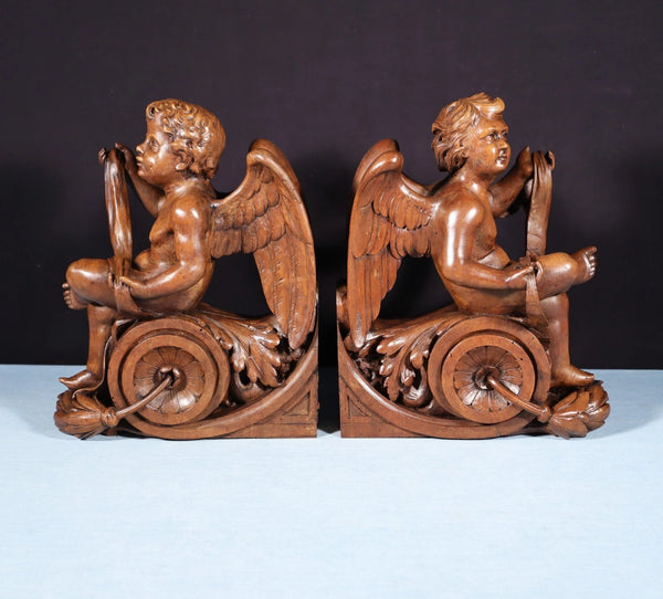 13" Tall Pair of French Antique Solid Walnut Wood Highly Carved Cherubs