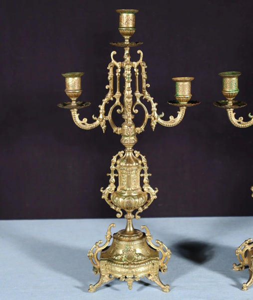19" Tall Pair of Antique French Gilded Bronze Candelabra Candlesticks