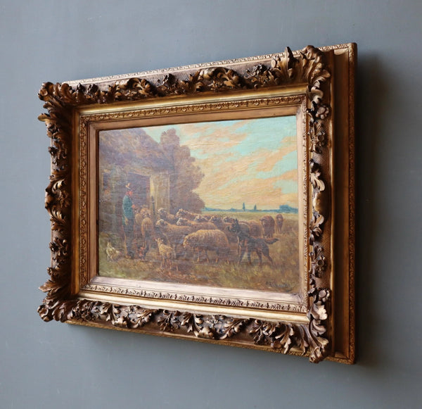 Antique Oil on Canvas Painting of a Farmer & Sheep by Paul Schouten (1860-1922)