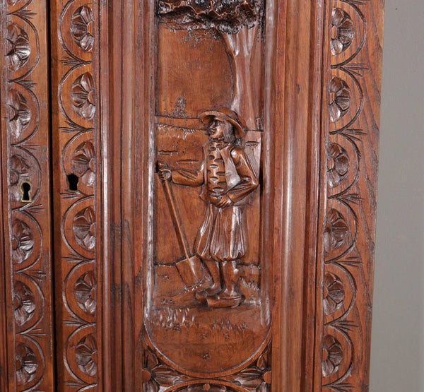 63" Tall Pair of French Antique Doors Carved Breton Panels Solid Chestnut Wood