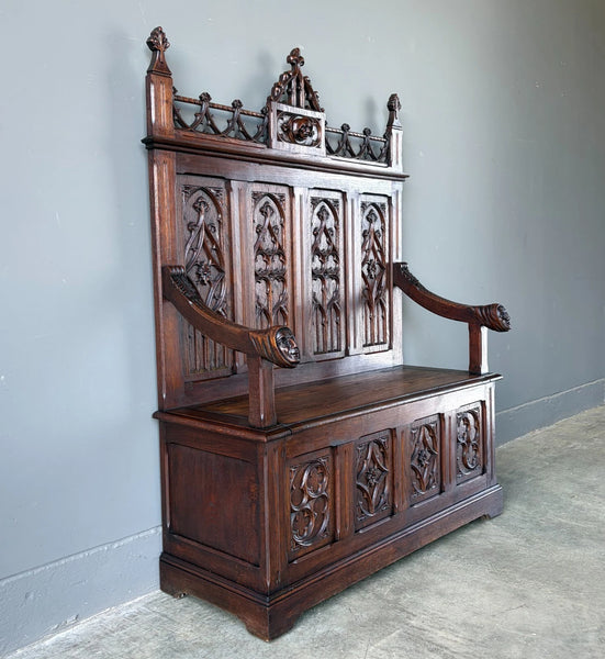 Antique French Gothic Revival Oak Wood Bench/Settee/Chair Highly Carved