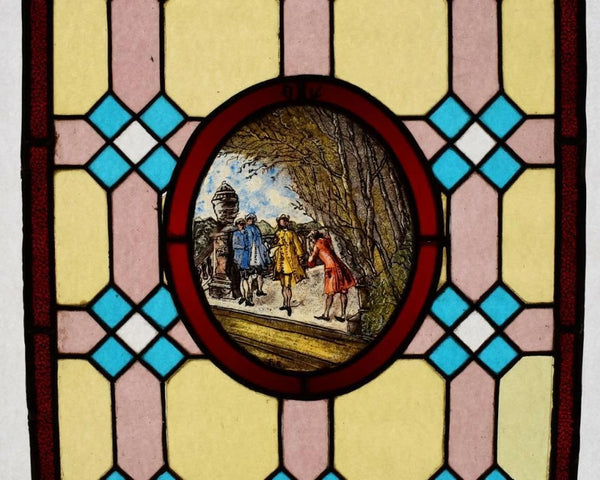 Antique French Stained Leaded Glass Hand Painted Panel w/Parisian Figures