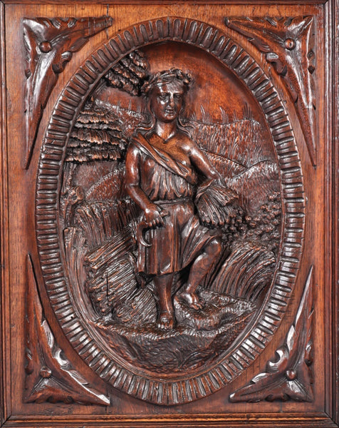24" Tall Antique French Solid Oak Panel Highly Carved Harvest Theme w/Woman