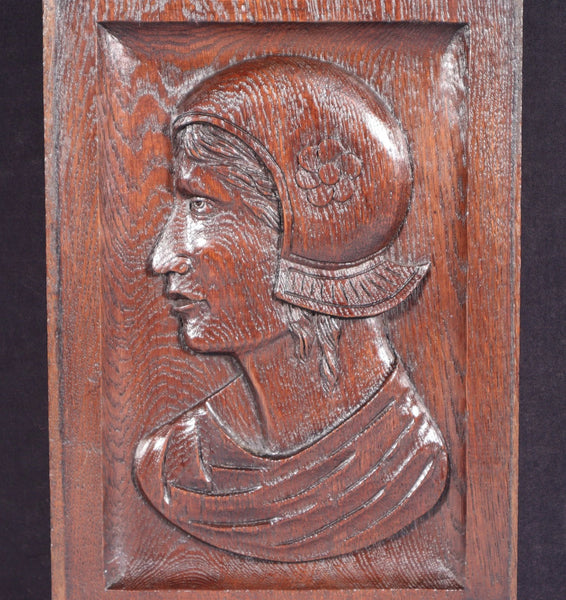 12" Tall Antique French Solid Oak Wood Hand Carved Portrait Profile of a Woman