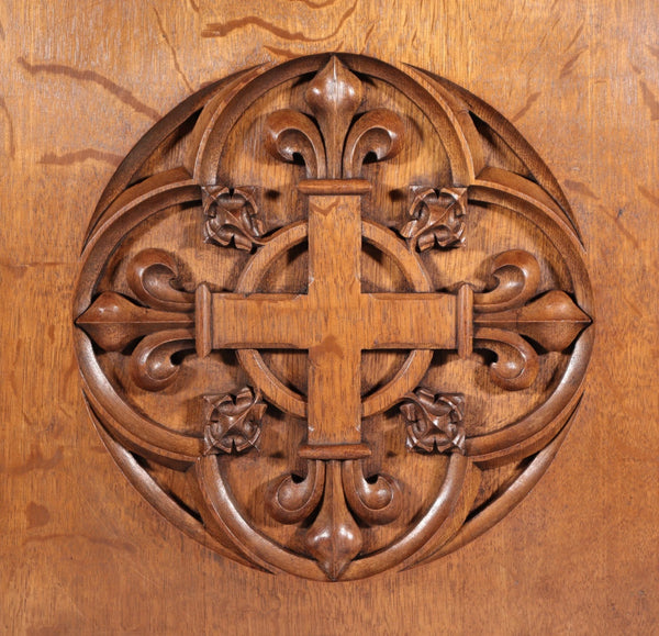 Antique French Gothic Revival Panel Carved Solid Oak Wood Salvage Christian