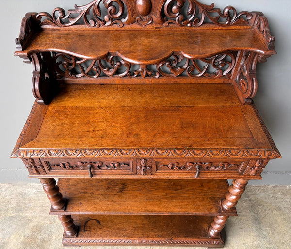 Antique French Renaissance Sideboard/Buffet in Solid Oak Highly Carved Wood