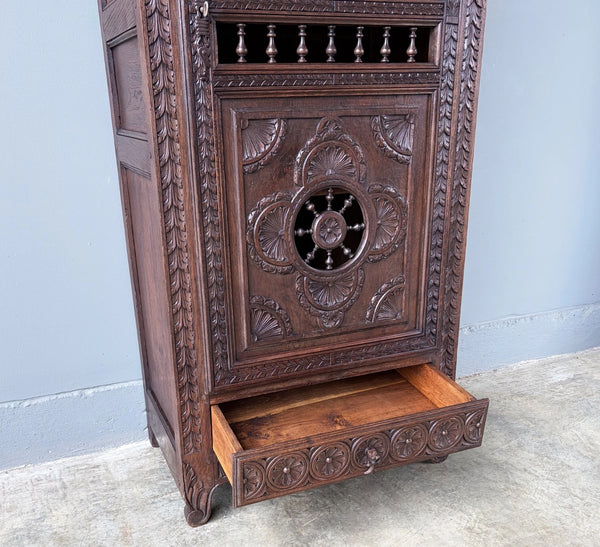 71" Tall French Antique Breton Cabinet in Solid Chestnut Wood w/Carved Figures